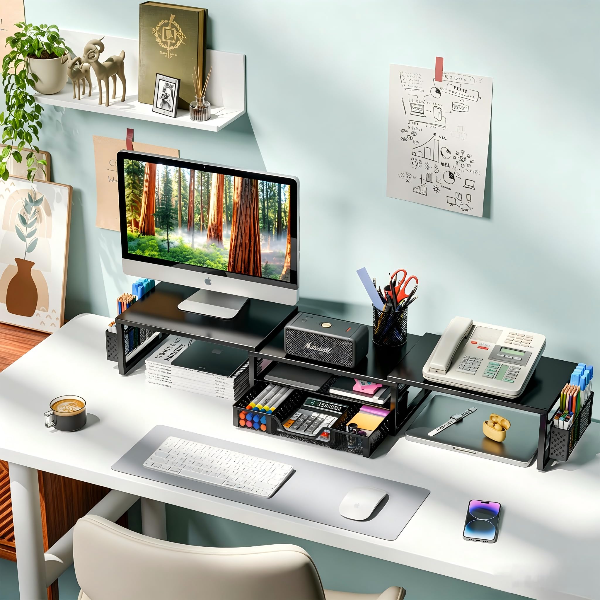 Simple Trending Dual Monitor Riser with Drawer and 2 Pen Holders