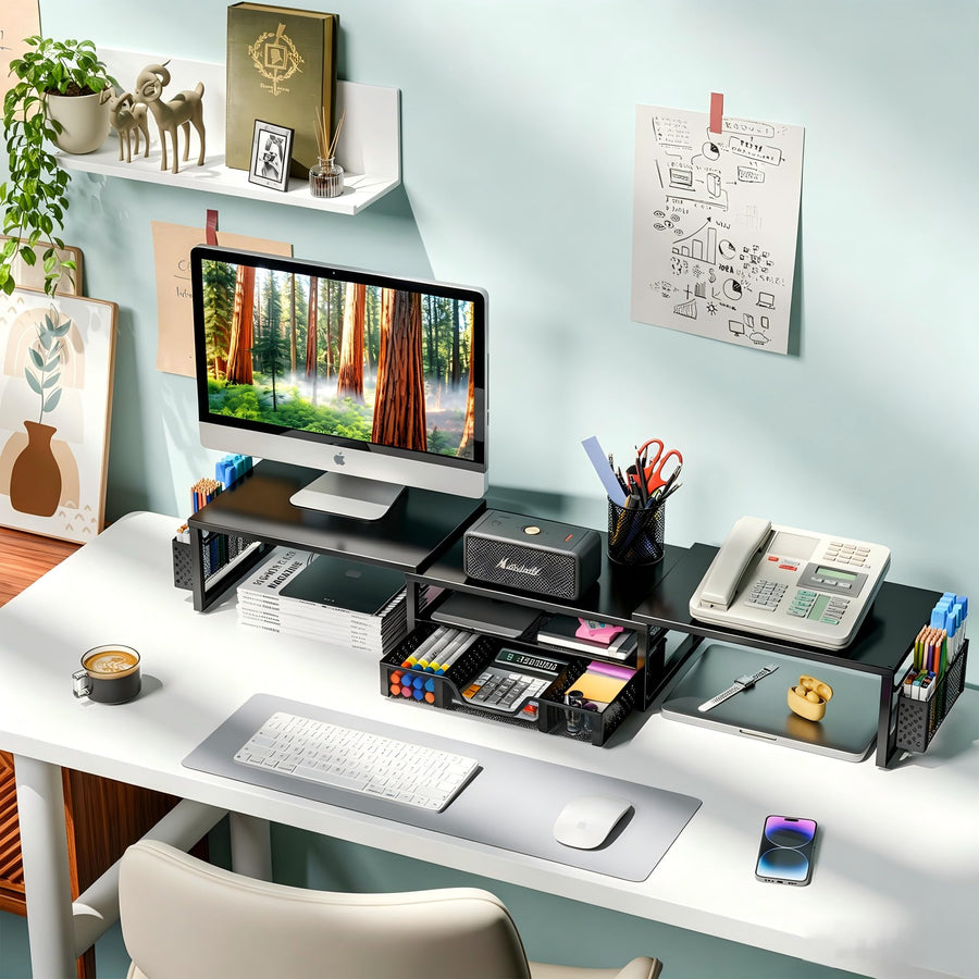 Simple Trending Dual Monitor Riser with Drawer and 2 Pen Holders