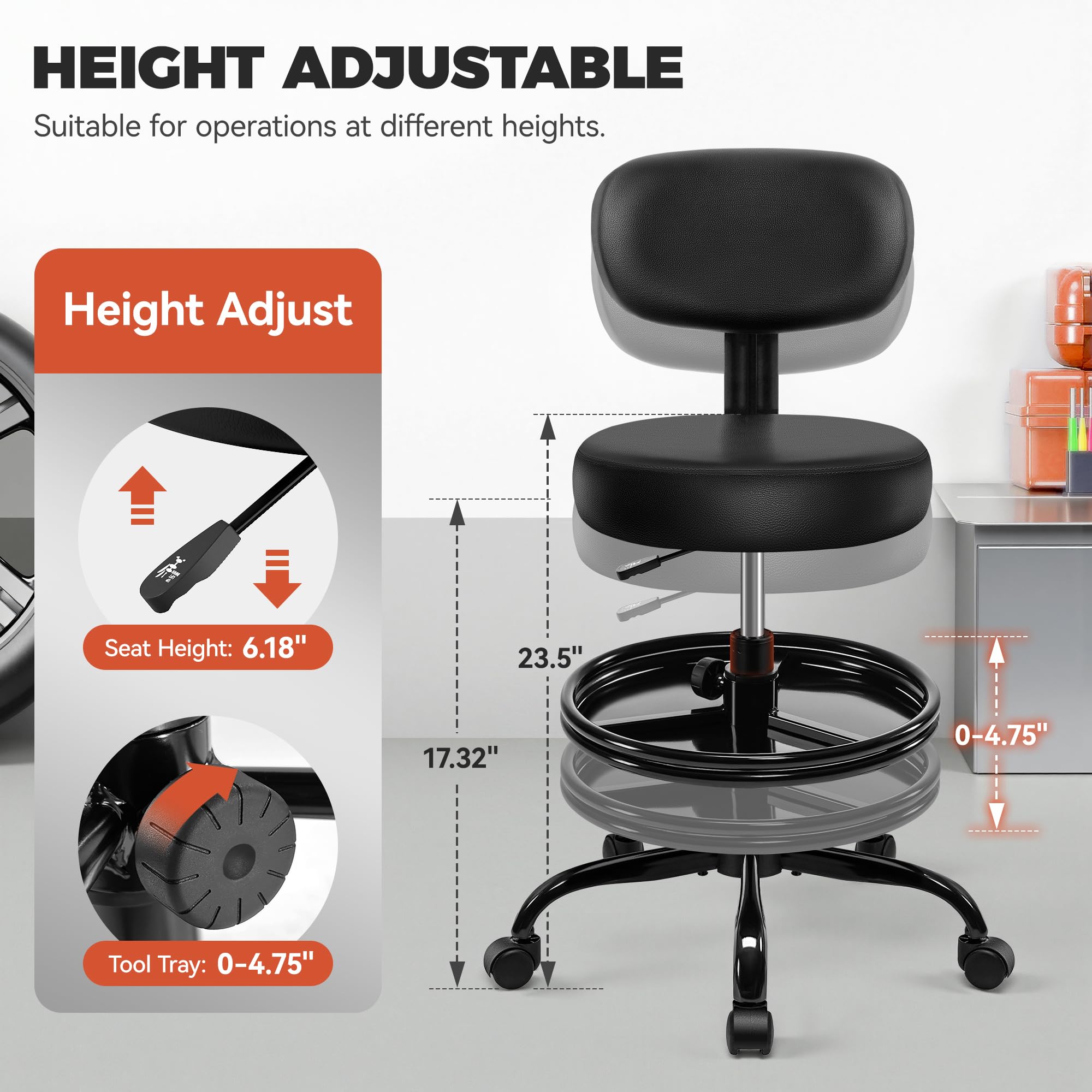 BestGlory Adjustable Rolling Shop Stool with Backrest and Tray