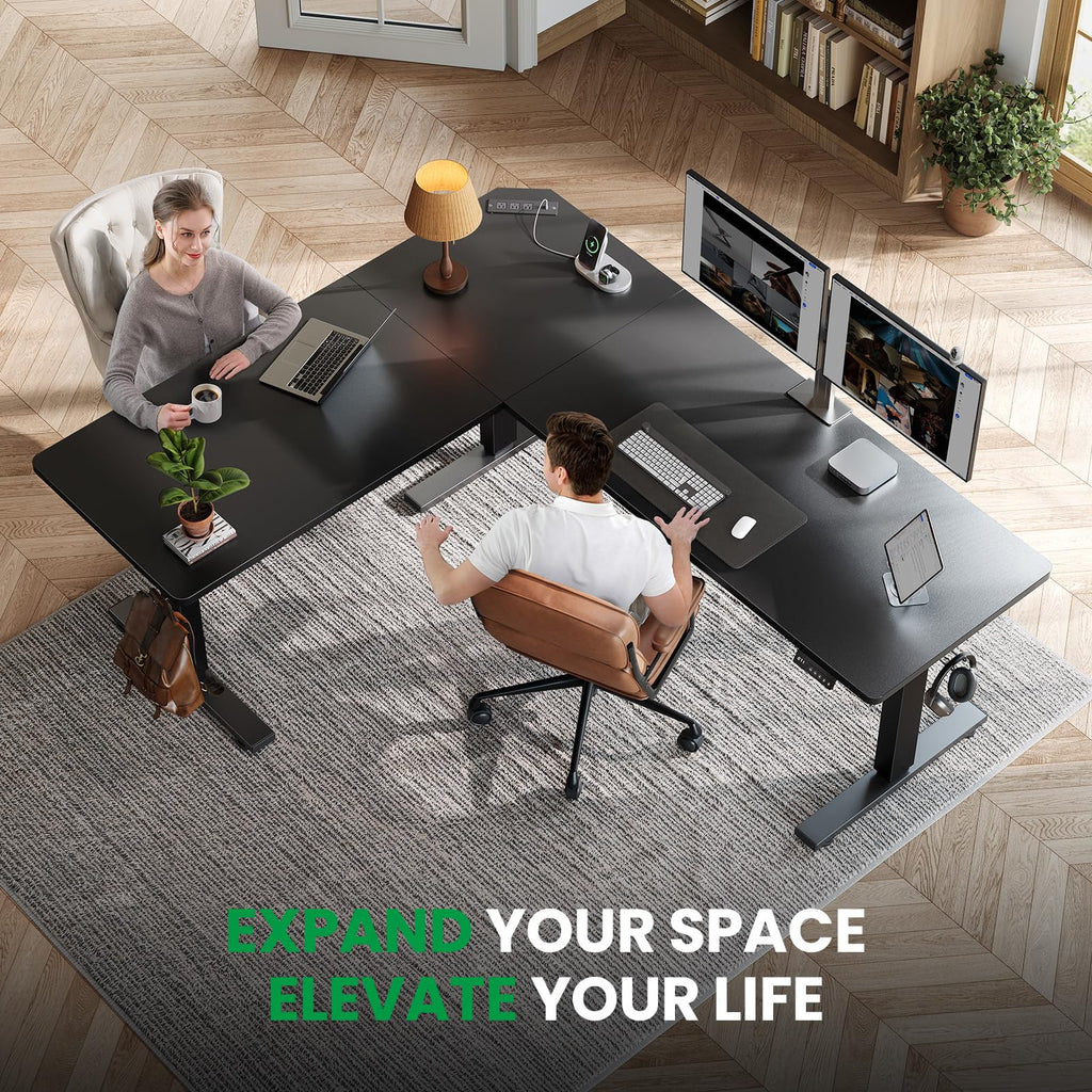 DeskShow L-Shaped Standing Desk - Adjustable Corner Standing Desk with Charging Station - L Shape Sit Stand Table with Memory Controller, Splice Board for Home Office