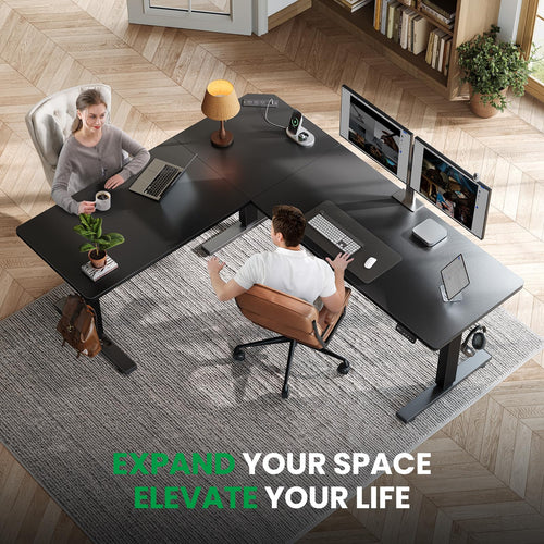DeskShow L-Shaped Standing Desk - Adjustable Corner Standing Desk with Charging Station - L Shape Sit Stand Table with Memory Controller, Splice Board for Home Office